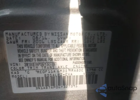 2016 Nissan Sentra S z USA, uszkodzony, nr VIN 3N1AB7AP0GY327391